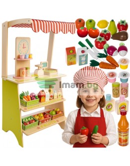 Дървен супермаркет за деца с касов апарат аксесоари и комплект плодове